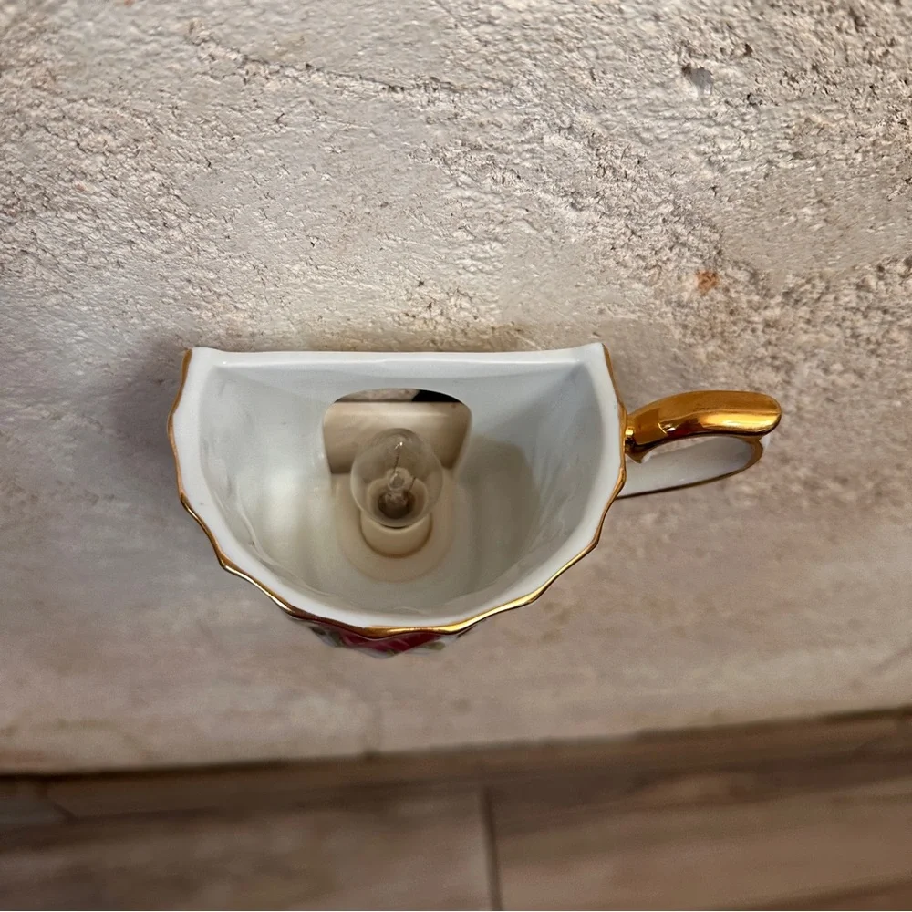 Avon Vintage Porcelain Floral Teacup Wall Lamp Night Light White Pink Gold